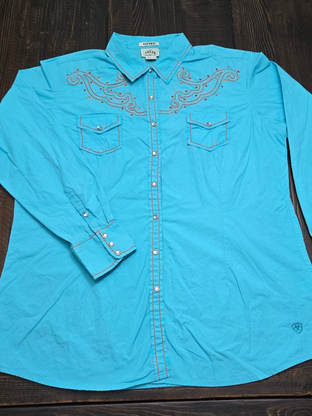 Ariat Shirt Womens XXL Turquoise Pearl Snap Western Embroidered Rhinestone